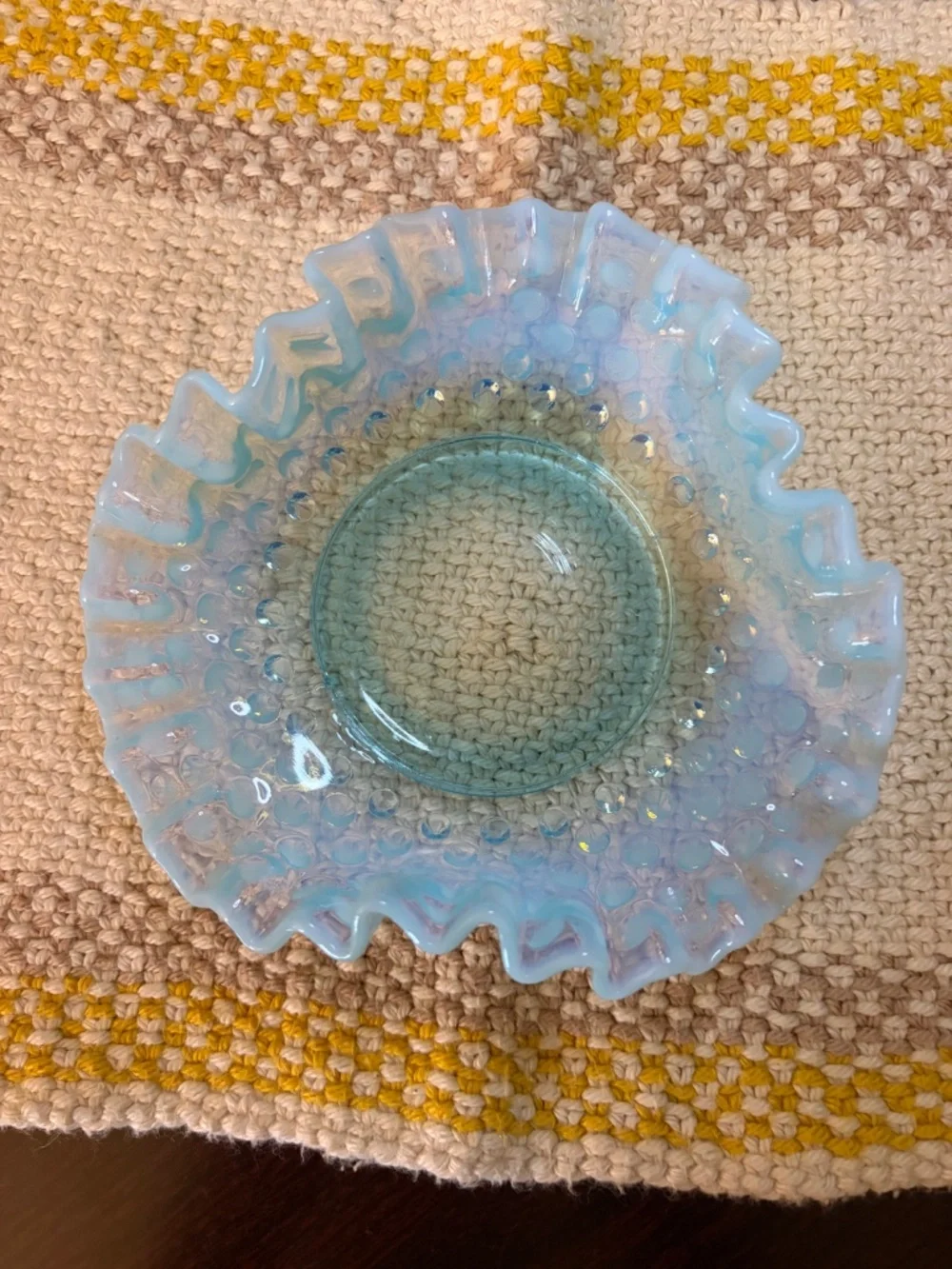 Vintage MCM (1940-69) Fenton Art Opalescent Aquamarine Hobnail Ruffled Dish